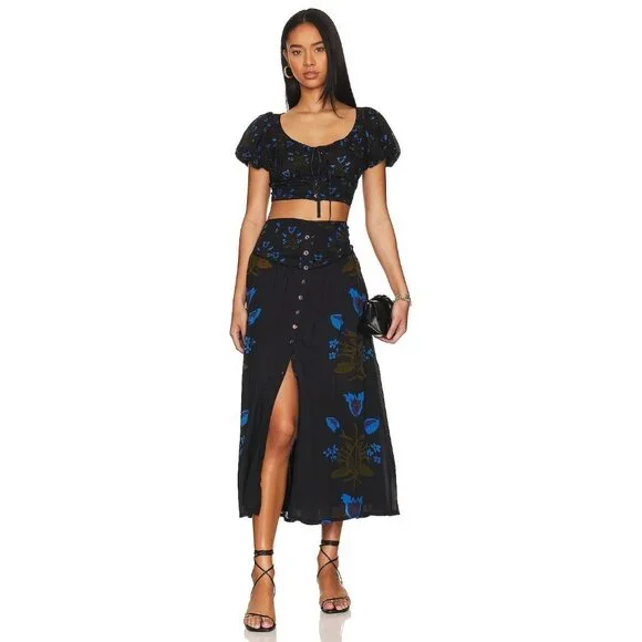 Free People Easy To Love Set in Black Combo Top Skirt Floral - Picture 4 of 4